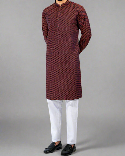 Men's Chocolate Color Printed Slim Fit Panjabi/Kurta