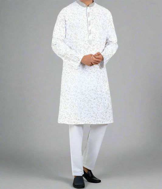 Men's White Printed Color Printed Slim Fit Panjabi/Kurta